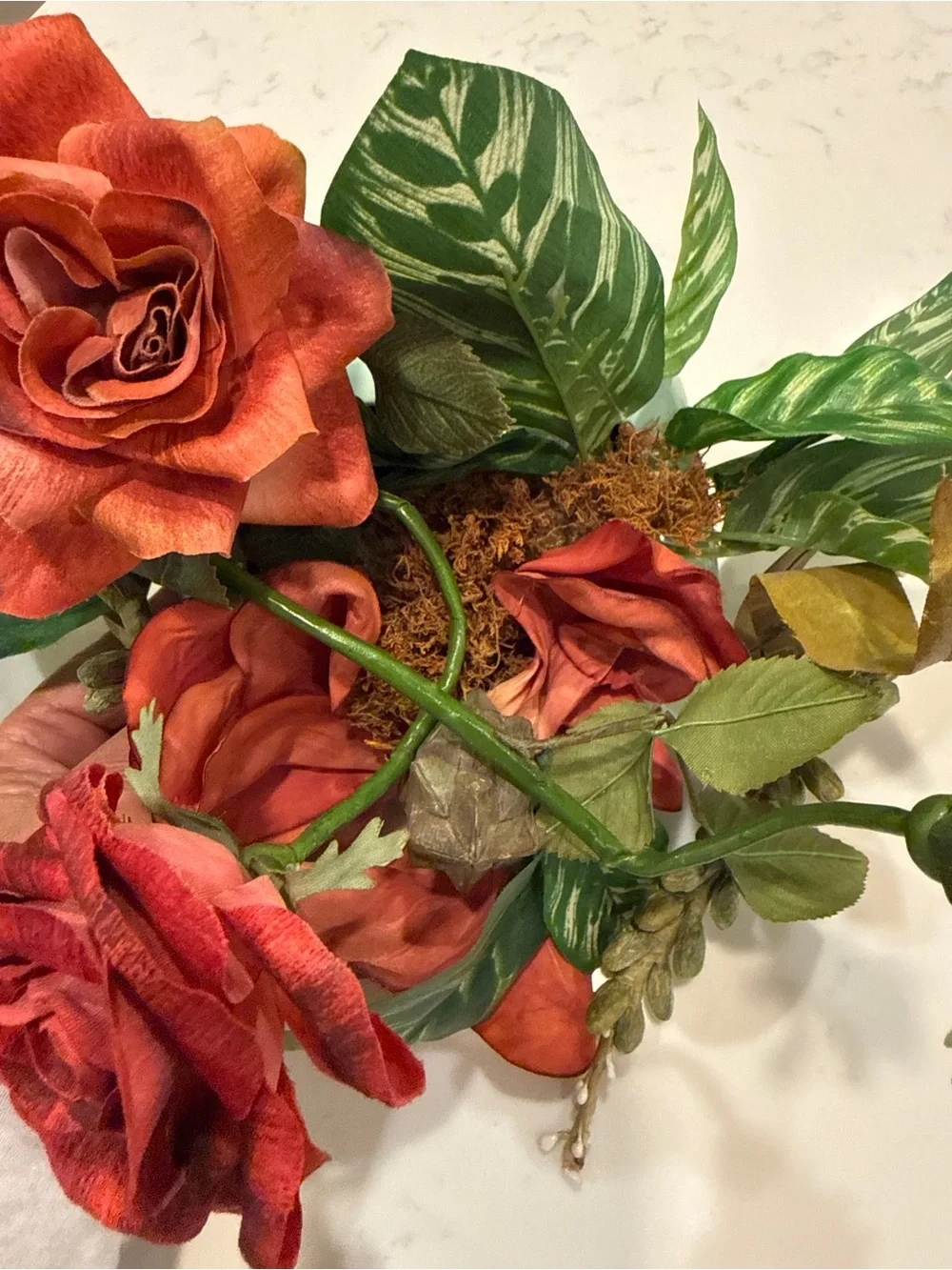 Vintage Silk Rose Floral Arrangement Aqua Ceramic Planter Centerpiece